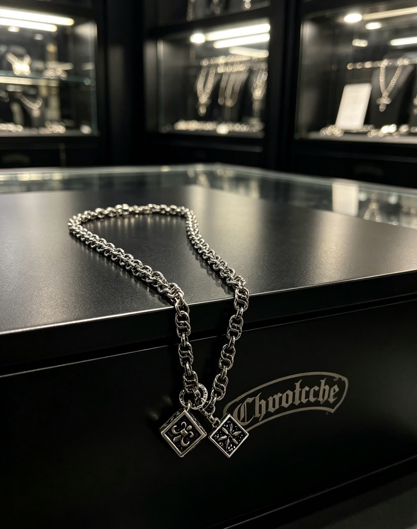 Chrome Hearts Silver Chain with Dice and Square Charms